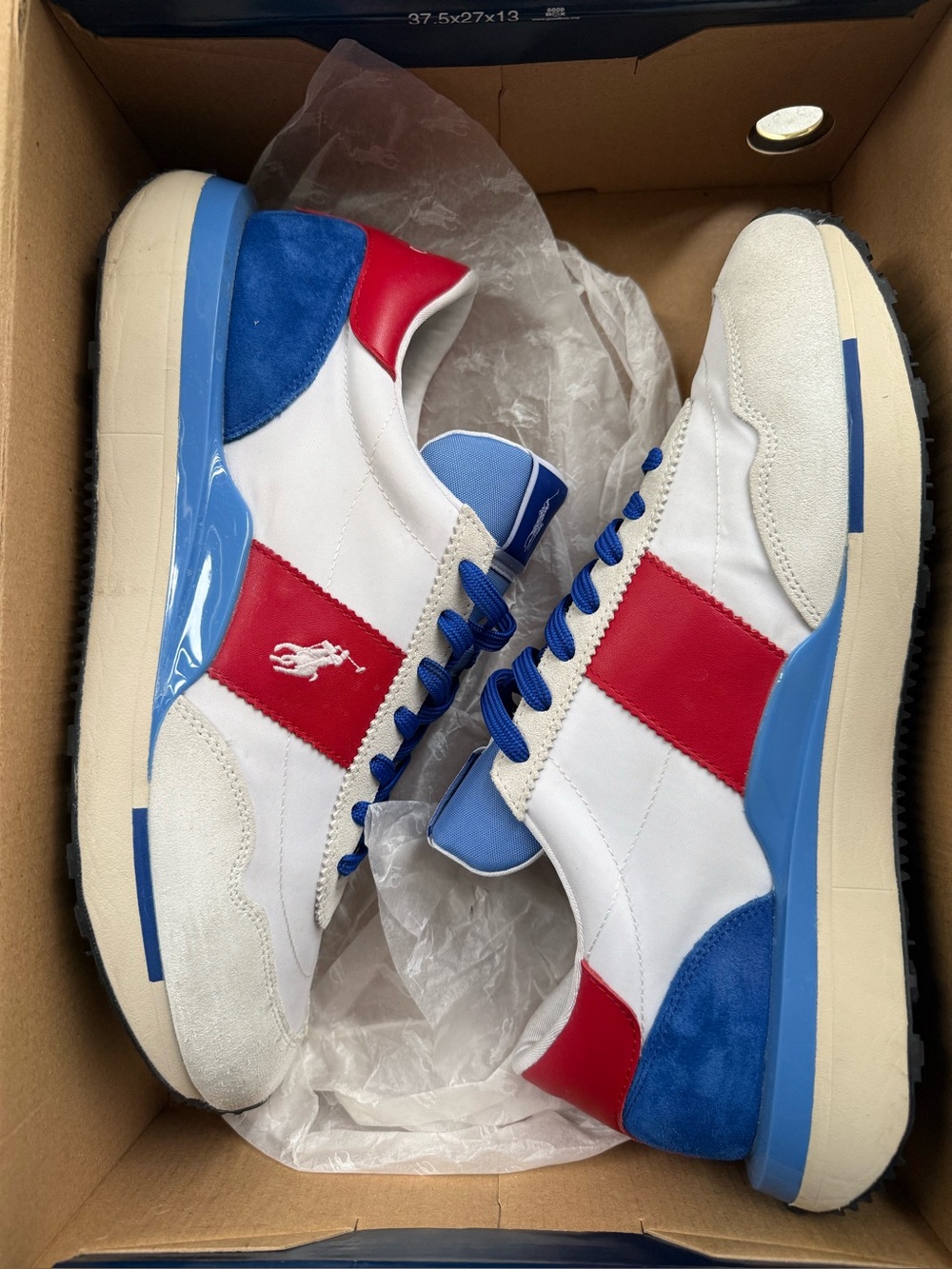Polo by Ralph Lauren Train 89 Men’s AthleticSneakers White , Red & Blue 11.5